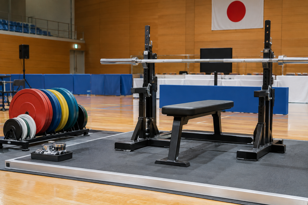 大会会場を想起させるベンチプレス用具