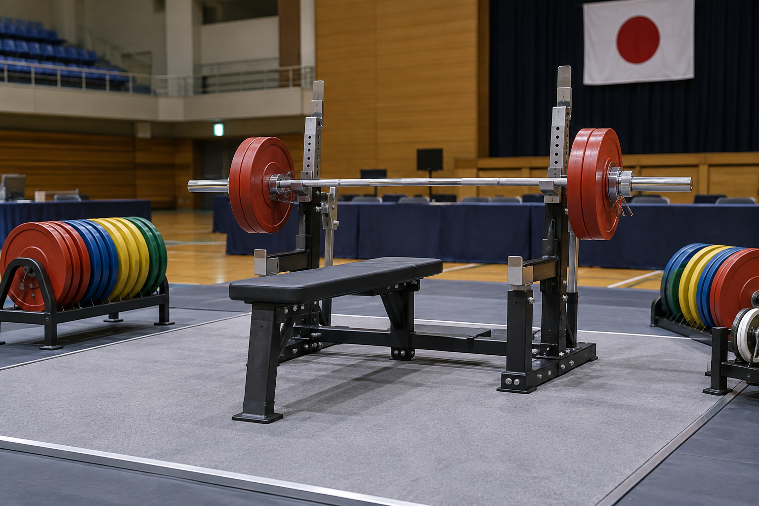 競技台にセットされたベンチプレス用バーベルとプレート