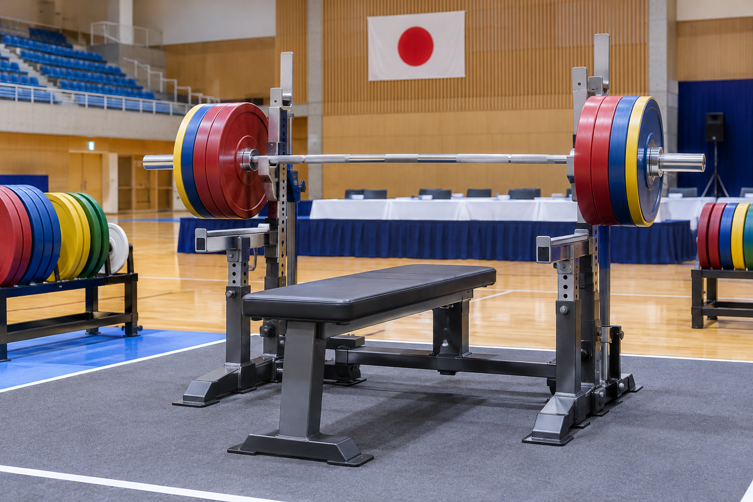 競技用ベンチ台とバーベルを配置したベンチプレス大会会場のイメージ