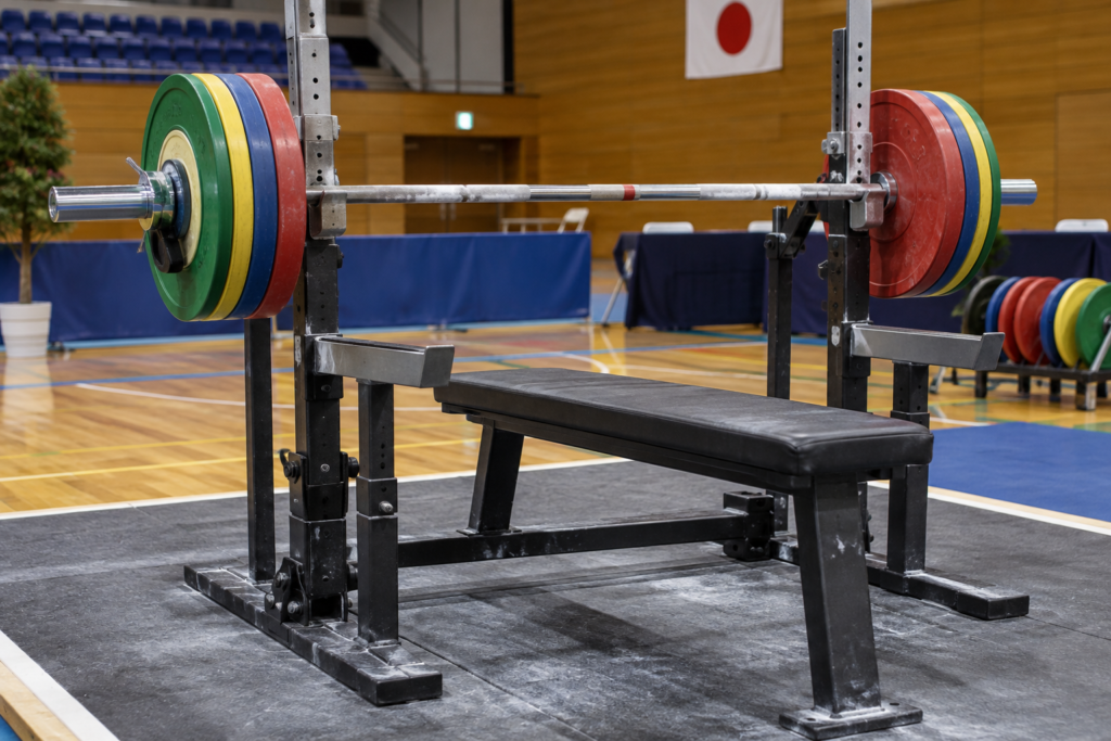 体育館内に設営されたベンチプレス競技用ラックとプレート